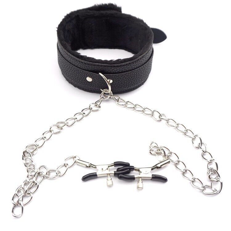 PU Leather BDSM Collar and Nipple Clamps Set