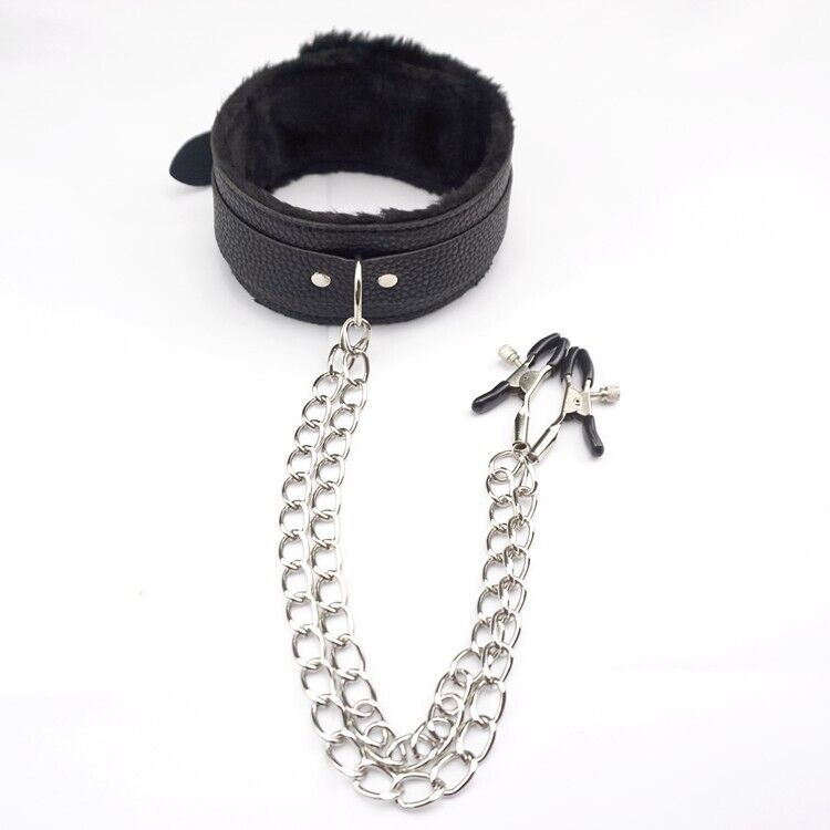PU Leather BDSM Collar and Nipple Clamps Set