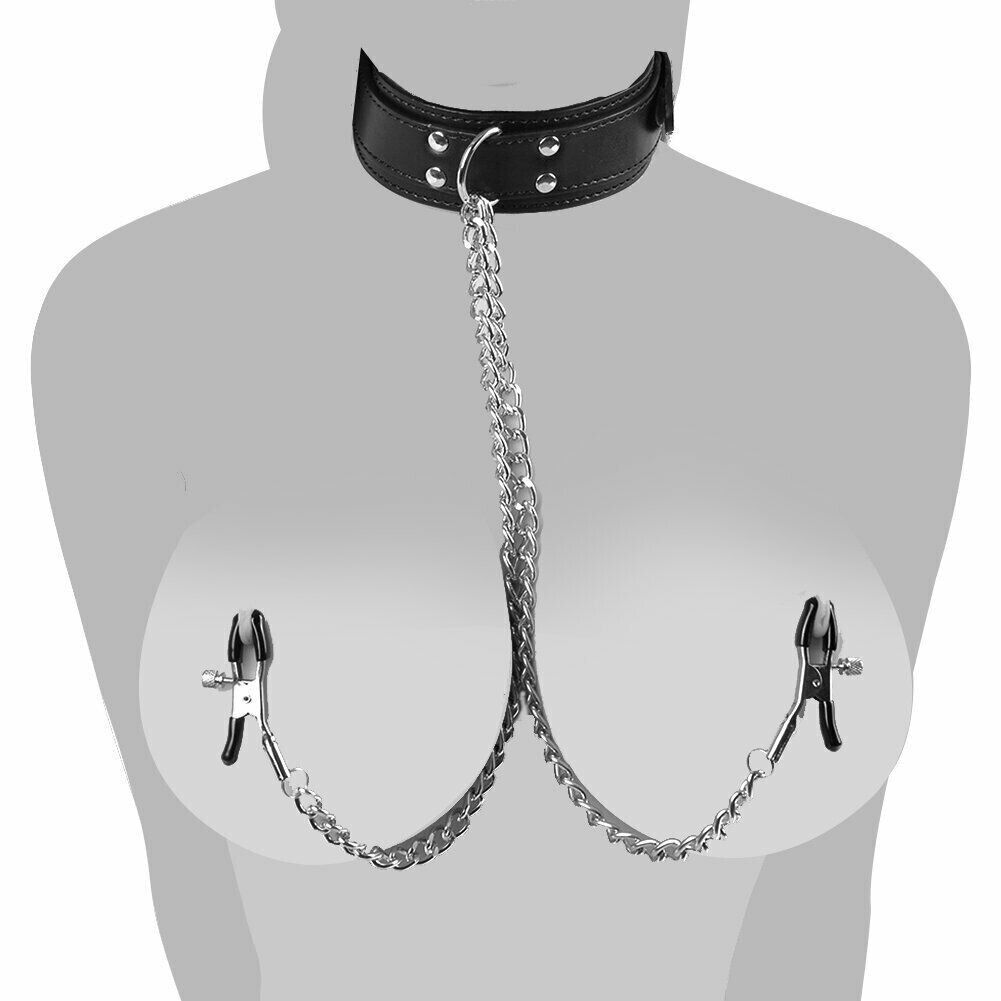 PU Leather BDSM Collar and Nipple Clamps Set