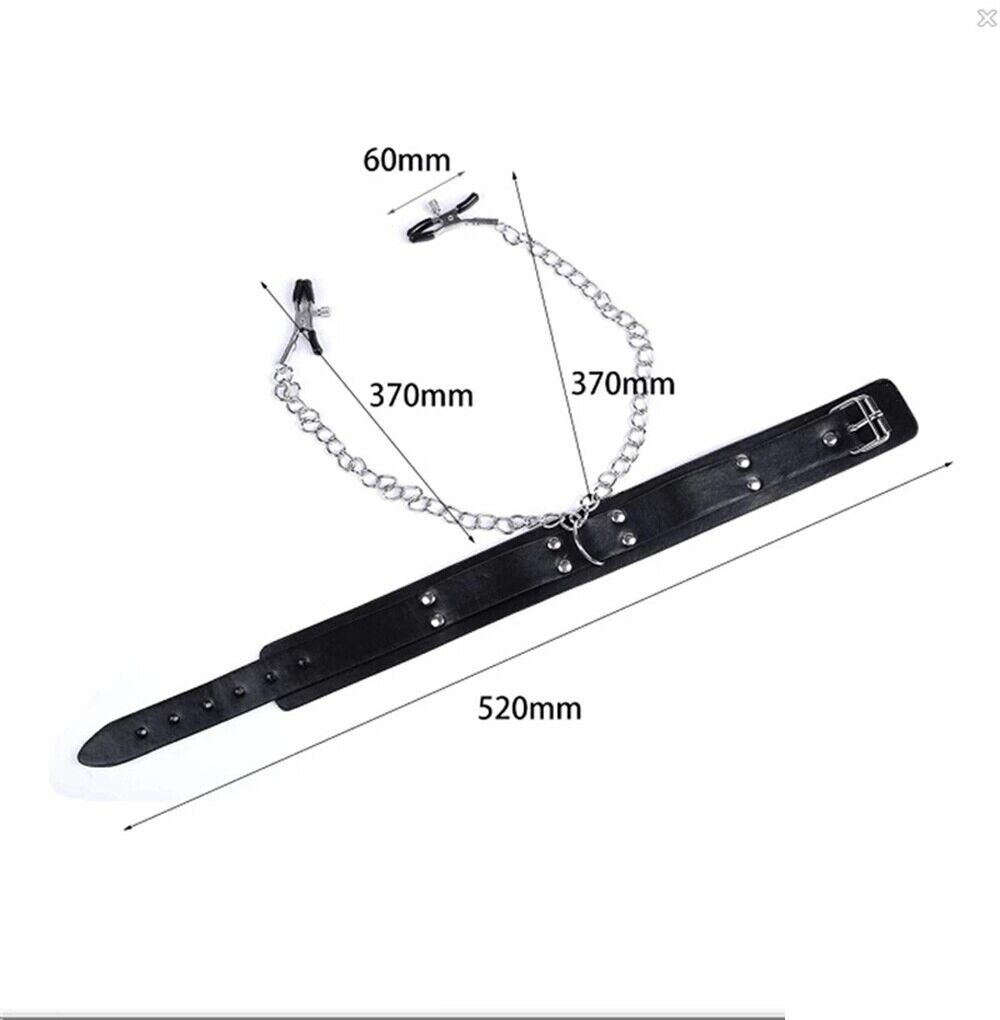 PU Leather BDSM Collar and Nipple Clamps Set